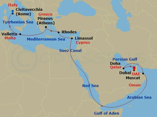 19 Night - Msc Grand Voyages - MSC World Europa - Starting in Civitavecchia (Rome), Italy, La Valletta, Malta, Piraeus (Athens), Greece, Rhodes (Lindos), Greece, Limassol, Cyprus, Suez Canal (Transit), Egypt, Muscat, Oman, Doha, Qatar, Dubai, United Arab Emirates itinerary map