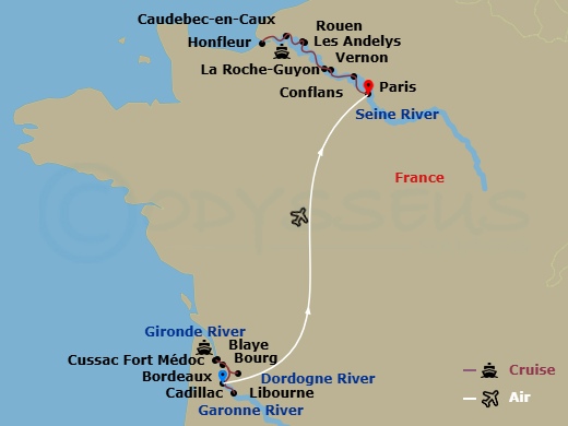 Scenic Diamond - 20 Night - Normandy & Gems of the Seine & Beautiful Bordeaux - Scenic Diamond - Starting in Bordeaux, Bordeaux / Libourne, Libourne / Fort Medoc, Fort Medoc,.. itinerary map