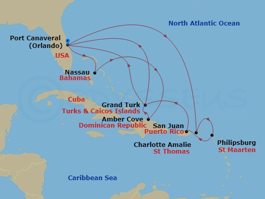Sky Princess - 14 Night - Eastern Caribbean Adventurer - Sky Princess - Starting in Port Canaveral (Orlando), Florida, St Thomas, US Virgin Islands, St Maarten, San Juan, Pu.. itinerary map