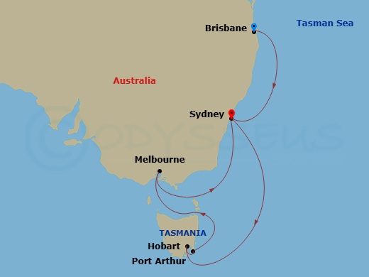 Crown Princess - 9 Night - Australia from Brisbane to Sydney - Crown Princess - Starting in Brisbane, Australia, Sydney AU, Hobart, Australia, Port Arthur, Australia, Melbourn.. itinerary map