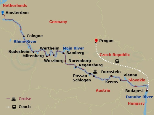 17 Night - Christmas Markets with Prague - Scenic Crystal - Starting in Amsterdam, Cologne, Rudesheim, Miltenberg / Wertheim, Wurzburg, Bamberg, Nuremberg, Regensburg, Passau / Schlogen, Durnstein / Krems, Vienna, Budapest, Budapest / Prague, Prague itinerary map
