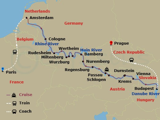 20 Night - Christmas Markets with Paris & Prague - Scenic Crystal - Starting in Paris, Paris / Amsterdam, Amsterdam, Cologne, Rudesheim, Miltenberg / Wertheim, Wurzburg, Bamberg, Nuremberg, Regensburg, Passau / Schlogen, Durnstein / Krems, Vienna, Budapest, Budapest / Prague, Prague itinerary map