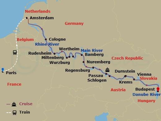 17 Night - Christmas Markets with Paris - Scenic Crystal - Starting in Paris, Paris / Amsterdam, Amsterdam, Cologne, Rudesheim, Miltenberg / Wertheim, Wurzburg, Bamberg, Nuremberg, Regensburg, Passau / Schlogen, Durnstein / Krems, Vienna, Budapest itinerary map