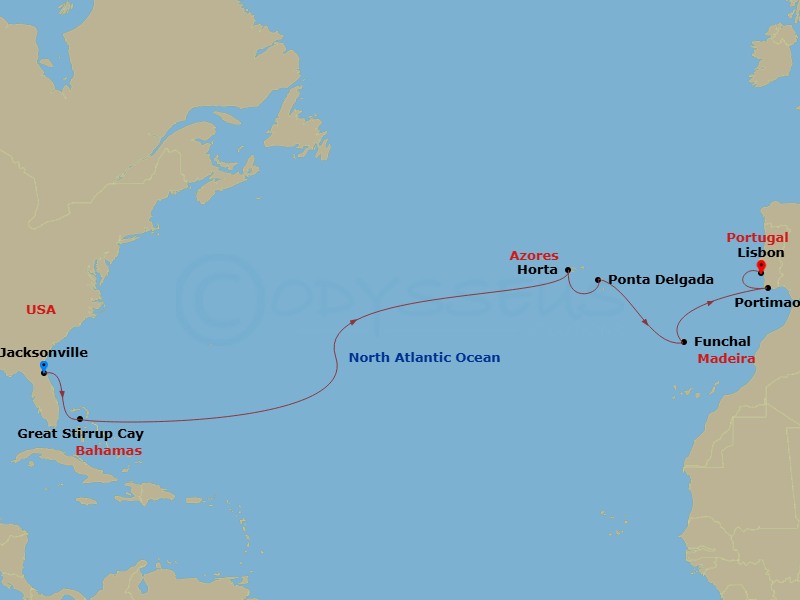 NCL Norwegian Dawn - 15 Night - Repo - Transatlantic - NCL Norwegian Dawn - Starting in Jacksonville, Florida, Great Stirrup Cay, Bahamas, Horta, Azores, Portugal, Ponta Delgada,.. itinerary map