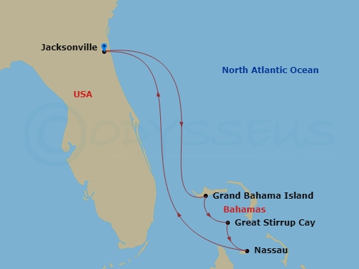 NCL Norwegian Dawn - 5 Night - Bahamas - Short - NCL Norwegian Dawn - Starting in Jacksonville, Florida, Grand Bahama Island, Bahamas, Great Stirrup Cay, Bahamas, Nassau, Bahamas,.. itinerary map