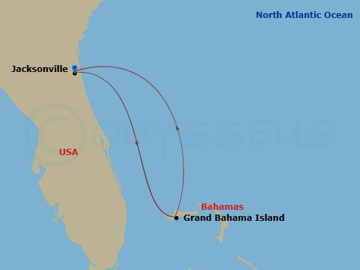 NCL Norwegian Dawn - 4 Night - Bahamas - Short - NCL Norwegian Dawn - Starting in Jacksonville, Florida, Grand Bahama Island, Bahamas, Jacksonville, Florida itinerary map