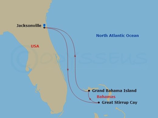 NCL Norwegian Dawn - 5 Night - Bahamas - Short - NCL Norwegian Dawn - Starting in Jacksonville, Florida, Grand Bahama Island, Bahamas, Great Stirrup Cay, Bahamas, Jacksonville, Fl.. itinerary map