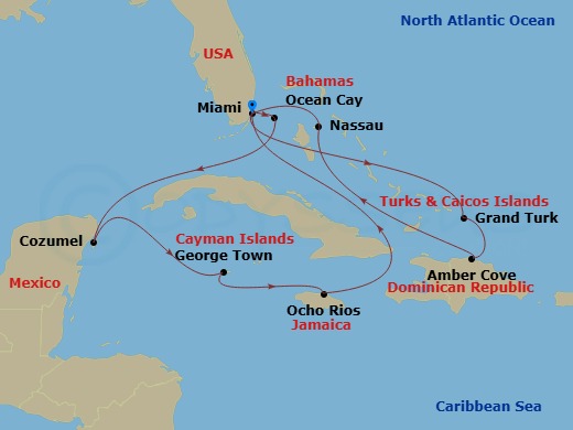 MSC Divina - 13 Night - Caribbean and Antilles - MSC Divina - Starting in Miami, Florida, Ocean Cay Msc Marine Reserve, Bahamas, Cozumel, Mexico, George Town, Cayman Islan.. itinerary map
