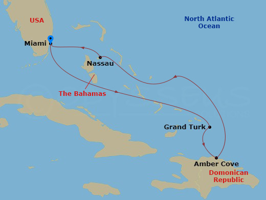 MSC Divina - 6 Night - Caribbean and Antilles - MSC Divina - Starting in Miami, Florida, Grand Turk Island Turks and Caicos, Amber Cove, Dominican Republic, Nassau, Bahama.. itinerary map