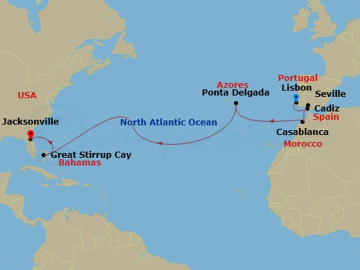NCL Norwegian Dawn - 14 Night - Repo - Transatlantic - NCL Norwegian Dawn - Starting in Lisbon, Portugal, Cadiz / Seville, Spain, Casablanca, Morocco, Ponta Delgada, Portugal, Gre.. itinerary map