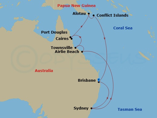 Grand Princess - 14 Night - Papua New Guinea - Grand Princess - Starting in Brisbane, Australia, Sydney AU, Airlie Beach, Australia, Townsville, Australia, Cairns, Australia,.. itinerary map