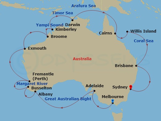 Grand Princess - 24 Night - Round Australia - Grand Princess - Starting in Melbourne, Australia, Adelaide, Australia, Albany AU, Margaret River (Busselton), Australia, Perth (.. itinerary map