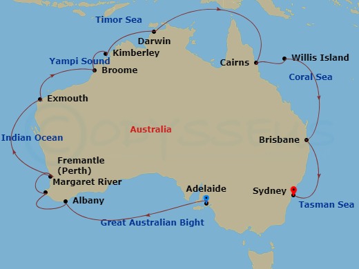 Grand Princess - 22 Night - Round Australia - Grand Princess - Starting in Adelaide, Australia, Albany AU, Margaret River (Busselton), Australia, Perth (Fremantle), Australia,.. itinerary map