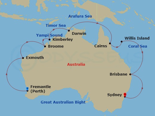 Grand Princess - 17 Night - Northern Explorer - Grand Princess - Starting in Perth (Fremantle), Australia, Exmouth, Australia, Broome, Australia, Yampi Sound (Scenic Cruising).. itinerary map