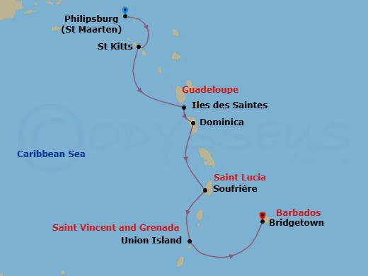 7 Night - Sailing St. Lucia, Dominica and Beyond - Sea Cloud II - Starting in Philipsburg, Sint Maarten / Embark Ship, Under Sail / Saint Kitts, Saint Kitts and Nevis, Under Sail / Terre-de-Haut, Iles des Saintes, Guadeloupe, Dominica, Under Sail / Soufriere, Saint Lucia, Union Island, Saint Vincent and Grenadines, Bridgetown, Barbados / Disembark Ship itinerary map