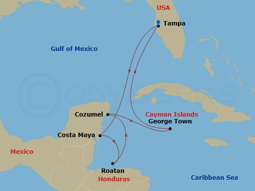 RCL Radiance of the Seas - 8 Night - Western Caribbean - RCL Radiance of the Seas - Starting in Tampa, Florida, Puerto Costa Maya, Mexico, Roatan, Honduras, Cozumel, Mexico, George Town.. itinerary map