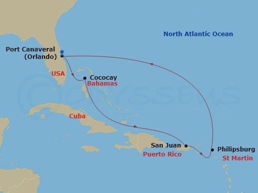 RCL Star of the Seas - 7 Night - Perfect Day Cococay & East Carib - RCL Star of the Seas - Starting in Orlando (Port Canaveral), Fl, Perfect Day Cococay, Bahamas, San Juan, Puerto R.. itinerary map