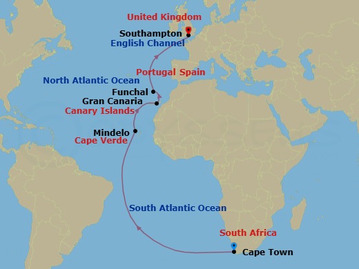 17 Night - Cape Town to Southampton - Queen Anne - Starting in Cape Town, South Africa, Mindelo, St Vincent, Cape Verde, Gran Canaria, Spain, Funchal, Madeira, Portugal, Southampton, England, UK itinerary map