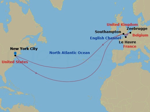18 Night - Roundtrip Transatlantic Crossing - Queen Mary 2 - Starting in New York, NY, Southampton, England, UK, Le Havre, France, Zeebrugge (tours to Bruges), Belgium, Southampton, England, UK, New York, NY itinerary map