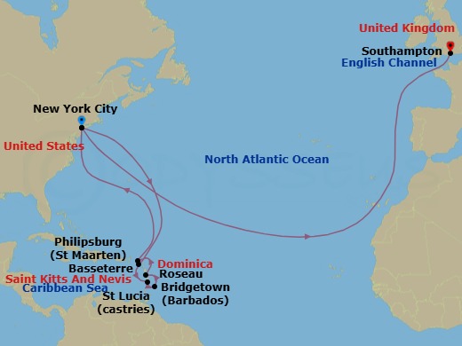 20 Night - Transatlantic Crossing and Eastern Caribbean - Queen Mary 2 - Starting in New York, NY, Basseterre, St Kitts, Castries, St Lucia, Bridgetown, Barbados, Roseau, Dominica, Philipsburg, St Maarten, New York, NY, Southampton, England, UK itinerary map