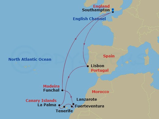 Queen Victoria - 14 Night - Canary Islands - Queen Victoria - Starting in Southampton, England, UK, Lisbon, Portugal, La Palma, Spain, Tenerife, Spain, Fuerteventura, Spain, L.. itinerary map