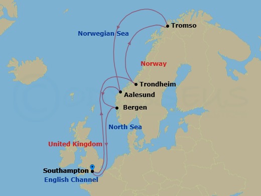12 Night - Norway and Northern Lights - Queen Mary 2 - Starting in Southampton, England, UK, Trondheim, Norway, Tromso, Norway, Alesund, Norway, Bergen, Norway, Southampton, England, UK itinerary map