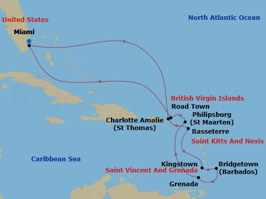 14 Night - Eastern Caribbean - Queen Elizabeth - Starting in Miami, FL, St Thomas, US Virgin Islands, Basseterre, St Kitts, Kingstown, St Vincent, Bridgetown, Barbados, Grenada, Philipsburg, St Maarten, Road Town, Tortola, Miami, FL itinerary map