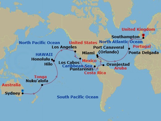 46 Night - Sydney to Southampton - Queen Elizabeth - Starting in Sydney AU, Australia, Nukualofa, Tonga, Cross International Date Line (Cruise-by), Honolulu, HI, Hilo, HI, Los Angeles, CA, Cabo San Lucas, Mexico, Puntarenas, Costa Rica, Transit the Panama Canal, Panama (Full Transit), Oranjestad, Aruba, Miami, FL, Port Canaveral, FL, Ponta Delgada, Azores, Portugal, Southampton, England, UK itinerary map