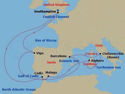 14 Night - Spain and Italy - Queen Mary 2 - Starting in Southampton, England, UK, Vigo (tours to Santiago de Compostela), Spain, Barcelona, Spain, Civitavecchia (tours to Rome), Italy, Alghero, Sardinia, Italy, Malaga (tours to Granada), Spain, Cadiz (tours to Seville), Spain, Southampton, England, UK itinerary map