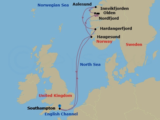 7 Night - Norwegian Fjords - Queen Victoria - Starting in Southampton, England, UK, Haugesund, Norway, Olden, Norway, Innvikfjorden, Norway (Scenic Cruising), Nordfjord, Norway (Scenic Cruising), Alesund, Norway, Hardangerfjord, Norway (Scenic Cruising), Southampton, England, UK itinerary map
