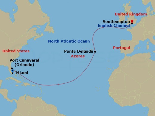 12 Night - Miami to Southampton - Queen Elizabeth - Starting in Miami, FL, Port Canaveral, FL, Ponta Delgada, Azores, Portugal, Southampton, England, UK itinerary map