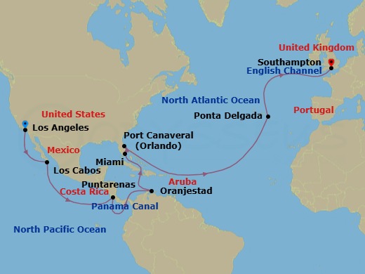 26 Night - Los Angeles to Southampton - Queen Elizabeth - Starting in Los Angeles, CA, Cabo San Lucas, Mexico, Puntarenas, Costa Rica, Transit the Panama Canal, Panama (Full Transit), Oranjestad, Aruba, Miami, FL, Port Canaveral, FL, Ponta Delgada, Azores, Portugal, Southampton, England, UK itinerary map