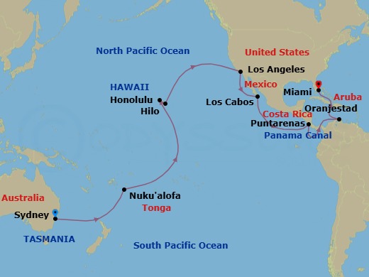 34 Night - Sydney to Miami - Queen Elizabeth - Starting in Sydney AU, Australia, Nukualofa, Tonga, Cross International Date Line (Cruise-by), Honolulu, HI, Hilo, HI, Los Angeles, CA, Cabo San Lucas, Mexico, Puntarenas, Costa Rica, Transit the Panama Canal, Panama (Full Transit), Oranjestad, Aruba, Miami, FL itinerary map