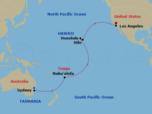 20 Night - Sydney to Los Angeles - Queen Elizabeth - Starting in Sydney AU, Australia, Nukualofa, Tonga, Cross International Date Line (Cruise-by), Honolulu, HI, Hilo, HI, Los Angeles, CA itinerary map