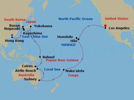 44 Night - Hong Kong to Los Angeles - Queen Elizabeth - Starting in Hong Kong, China, Busan, South Korea, Nagasaki, Japan, Kagoshima, Japan, Yokohama (tours to Tokyo), Japan, Rabaul, Papua New Guinea, Cairns, Australia, Airlie Beach, Australia, Sydney AU, Australia, Nukualofa, Tonga, Cross International Date Line (Cruise-by), Honolulu, HI, Hilo, HI, Los Angeles, CA itinerary map