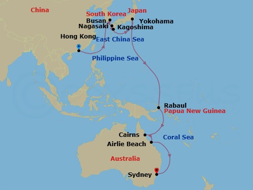24 Night - Hong Kong to Sydney - Queen Elizabeth - Starting in Hong Kong, China, Busan, South Korea, Nagasaki, Japan, Kagoshima, Japan, Yokohama (tours to Tokyo), Japan, Rabaul, Papua New Guinea, Cairns, Australia, Airlie Beach, Australia, Sydney AU, Australia itinerary map