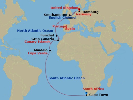 19 Night - Cape Town to Hamburg - Queen Anne - Starting in Cape Town, South Africa, Mindelo, St Vincent, Cape Verde, Gran Canaria, Spain, Funchal, Madeira, Portugal, Southampton, England, UK, Hamburg, Germany itinerary map