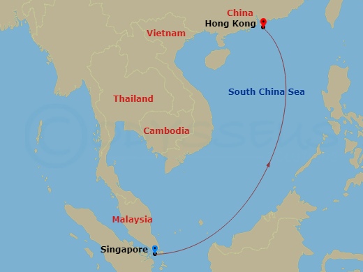 Queen Elizabeth - 5 Night - Singapore to Hong Kong - Queen Elizabeth - Starting in Singapore, Hong Kong, China itinerary map
