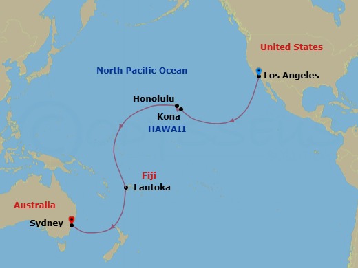 19 Night - Los Angeles to Sydney - Queen Anne - Starting in Los Angeles, CA, Kona, HI, Honolulu, HI, Cross International Date Line (Cruise-by), Lautoka, Fiji itinerary map