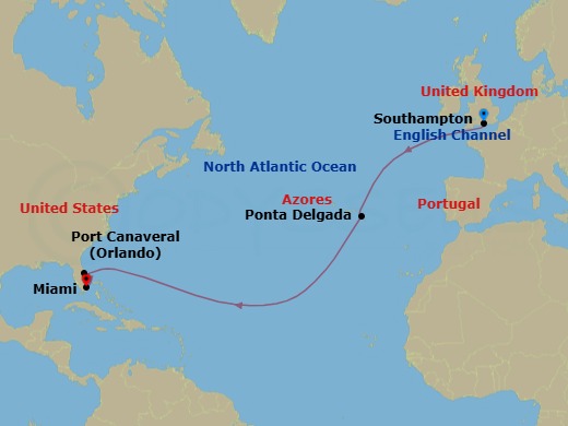 12 Night - Southampton to Miami - Queen Anne - Starting in Southampton, England, UK, Ponta Delgada, Azores, Portugal, Port Canaveral, FL, Miami, FL itinerary map