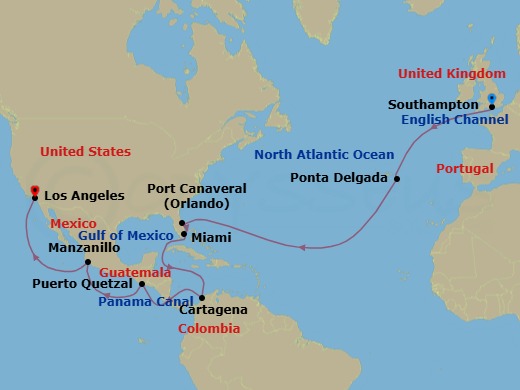 27 Night - Southampton to Los Angeles - Queen Anne - Starting in Southampton, England, UK, Ponta Delgada, Azores, Portugal, Port Canaveral, FL, Miami, FL, Cartagena CO, Transit the Panama Canal, Panama (Full Transit), Puerto Quetzal, Guatemala, Manzanillo, Mexico, Los Angeles, CA itinerary map