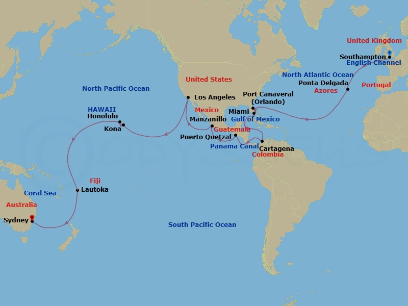 46 Night - Southampton to Sydney - Queen Anne - Starting in Southampton, England, UK, Ponta Delgada, Azores, Portugal, Port Canaveral, FL, Miami, FL, Cartagena CO, Transit the Panama Canal, Panama (Full Transit), Puerto Quetzal, Guatemala, Manzanillo, Mexico, Los Angeles, CA, Kona, HI, Honolulu, HI, Cross International Date Line (Cruise-by), Lautoka, Fiji itinerary map