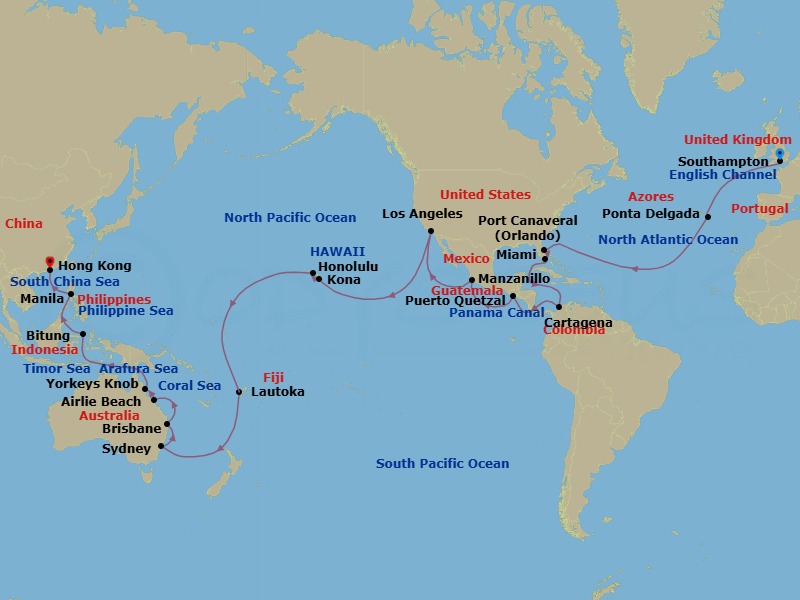 63 Night - Southampton to Hong Kong - Queen Anne - Starting in Southampton, England, UK, Ponta Delgada, Azores, Portugal, Port Canaveral, FL, Miami, FL, Cartagena CO, Transit the Panama Canal, Panama (Full Transit), Puerto Quetzal, Guatemala, Manzanillo, Mexico, Los Angeles, CA, Kona, HI, Honolulu, HI, Cross International Date Line (Cruise-by), Lautoka, Fiji, Sydney AU, Australia, Brisbane, Australia, Airlie Beach, Australia, Yorkeys Knob (tours to Cairns), Australia, Bitung, Indonesia, Manila, Philippines, Hong Kong, China itinerary map