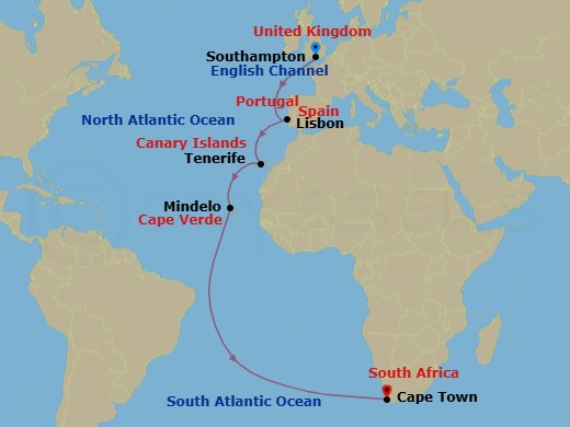 18 Night - Southampton to Cape Town - Queen Elizabeth - Starting in Southampton, England, UK, Lisbon, Portugal, Tenerife, Spain, Mindelo, St Vincent, Cape Verde, Cape Town, South Africa itinerary map
