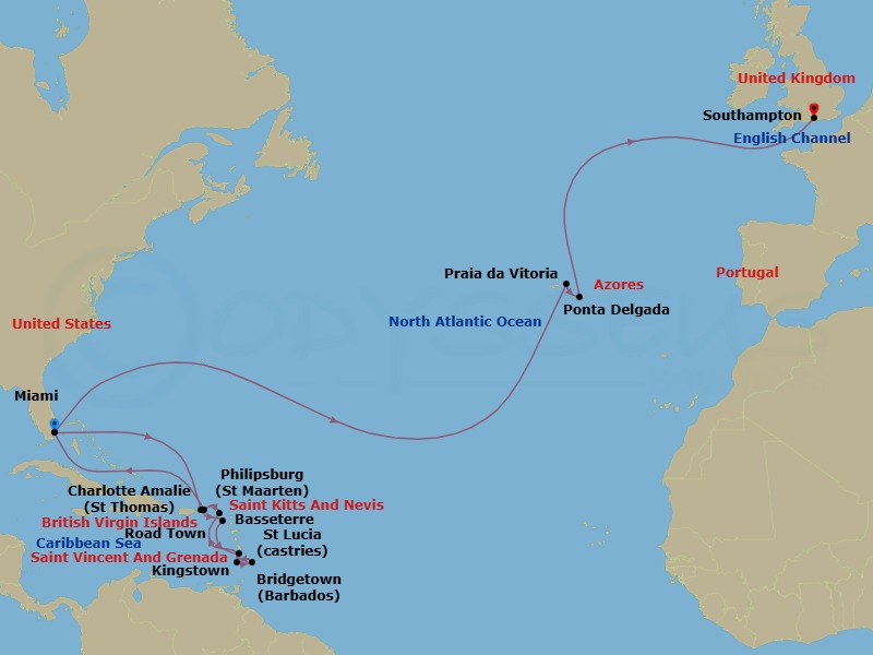 26 Night - Caribbean Celebration - Queen Elizabeth - Starting in Miami, FL, St Thomas, US Virgin Islands, Basseterre, St Kitts, Kingstown, St Vincent, Bridgetown, Barbados, Castries, St Lucia, Philipsburg, St Maarten, Road Town, Tortola, Miami, FL, Praia da Vitoria, Azores, Portugal, Ponta Delgada, Azores, Portugal, Southampton, England, UK itinerary map