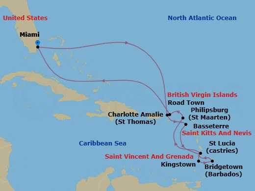 14 Night - Caribbean Celebration - Queen Elizabeth - Starting in Miami, FL, St Thomas, US Virgin Islands, Basseterre, St Kitts, Kingstown, St Vincent, Bridgetown, Barbados, Castries, St Lucia, Philipsburg, St Maarten, Road Town, Tortola, Miami, FL itinerary map