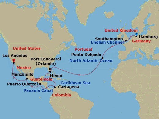 29 Night - Hamburg to Los Angeles - Queen Anne - Starting in Hamburg, Germany, Southampton, England, UK, Ponta Delgada, Azores, Portugal, Port Canaveral, FL, Miami, FL, Cartagena CO, Transit the Panama Canal, Panama (Full Transit), Puerto Quetzal, Guatemala, Manzanillo, Mexico, Los Angeles, CA itinerary map