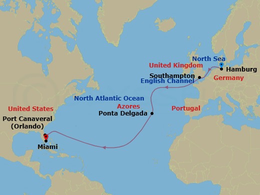 14 Night - Hamburg to Miami - Queen Anne - Starting in Hamburg, Germany, Southampton, England, UK, Ponta Delgada, Azores, Portugal, Port Canaveral, FL, Miami, FL itinerary map
