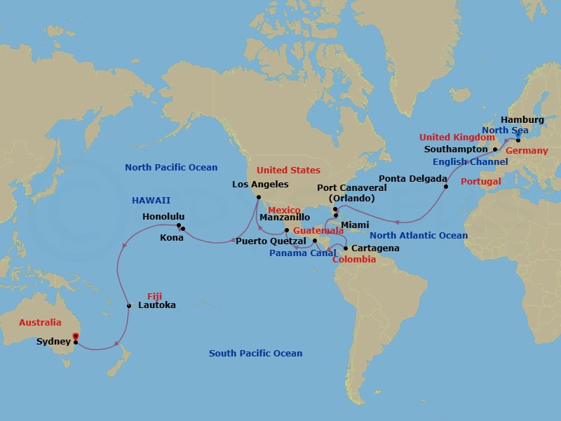 48 Night - Hamburg to Sydney - Queen Anne - Starting in Hamburg, Germany, Southampton, England, UK, Ponta Delgada, Azores, Portugal, Port Canaveral, FL, Miami, FL, Cartagena CO, Transit the Panama Canal, Panama (Full Transit), Puerto Quetzal, Guatemala, Manzanillo, Mexico, Los Angeles, CA, Kona, HI, Honolulu, HI, Cross International Date Line (Cruise-by), Lautoka, Fiji itinerary map