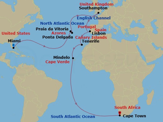 30 Night - Miami to Cape Town - Queen Elizabeth - Starting in Miami, FL, Praia da Vitoria, Azores, Portugal, Ponta Delgada, Azores, Portugal, Southampton, England, UK, Lisbon, Portugal, Tenerife, Spain, Mindelo, St Vincent, Cape Verde, Cape Town, South Africa itinerary map